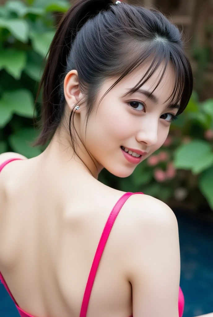 1girl, (solo:1.5),masterpiece, best quality, 8K, high res, highly detailed girl, highly detailed beautiful face, beautiful skin, realistic, dutch angle, (face focus), upper body, (ideal ratio body proportions:1.4), shiny skin, smile, shiny red micro bikini, black hairl, long hair, (lying:1.5), (on side), red ribbon, outdoor, depth of field, refreshing