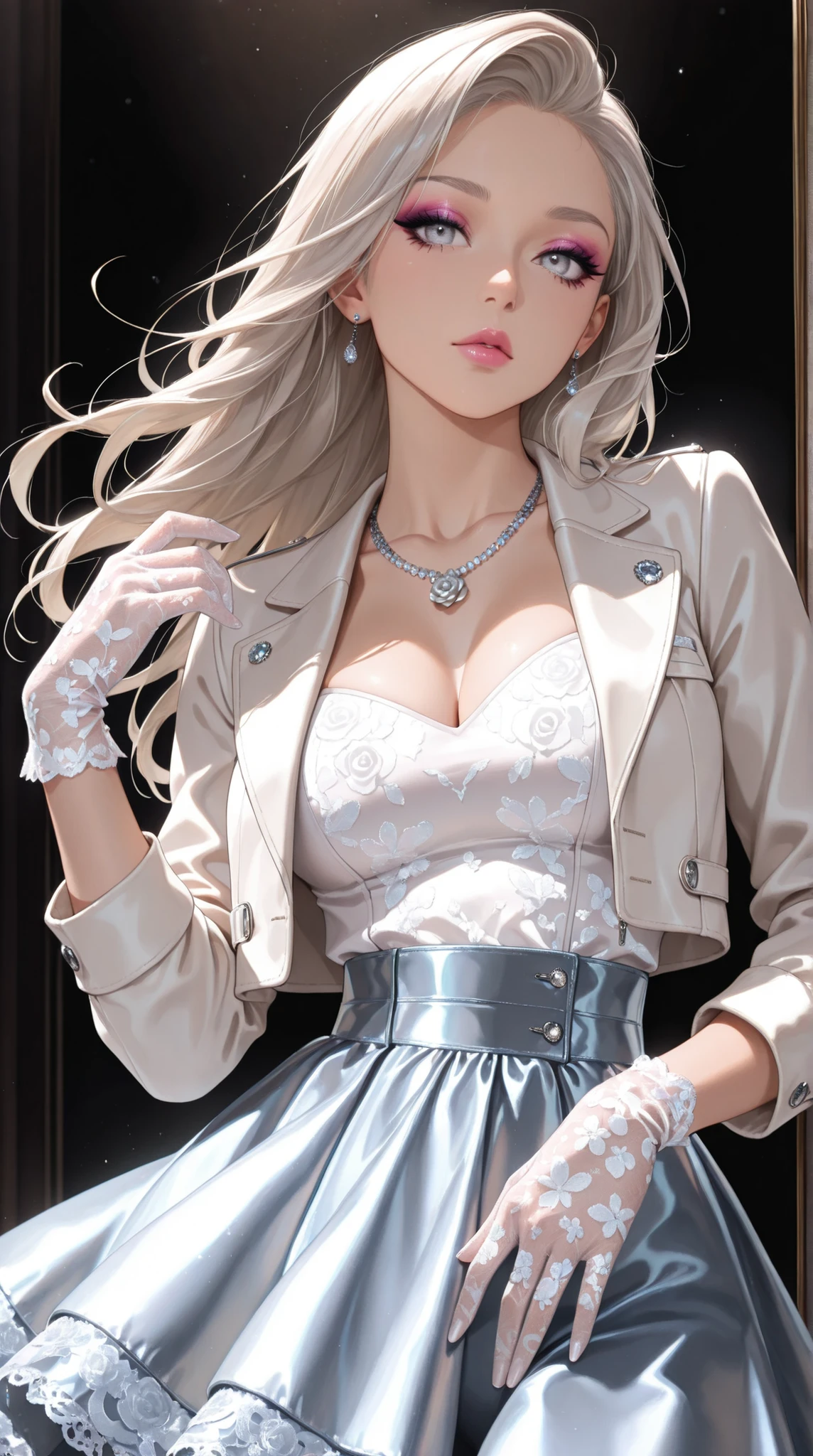 1girl, solo, long hair, platinum blonde hair, silver eyes, makeup, pink lips, mascara, eyeshadow,, rose necklace, white crop jean jacket, lace gloves, black ruffled skirt, fashionable attire, dynamic angle, side lighting,masterpiece, best quality, amazing quality, hyper-detailed, newest, very aesthetic