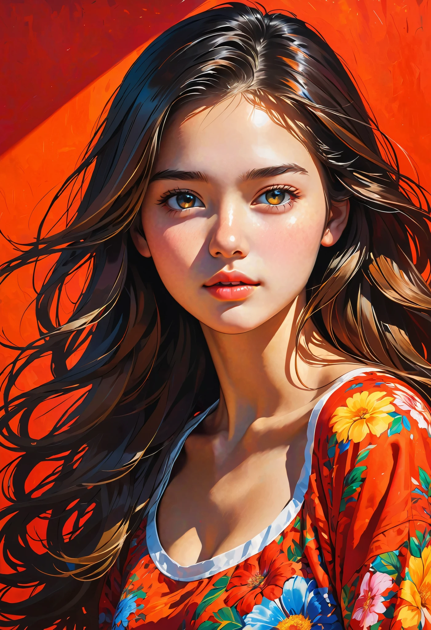 high definition illustration art、masterpiece、 18 year old beautiful woman ,long hair,vivid colors,high contrast,(natural skin texture, hyperrealism, Strong light shines on it, sharp), red background ,Clarify light and dark