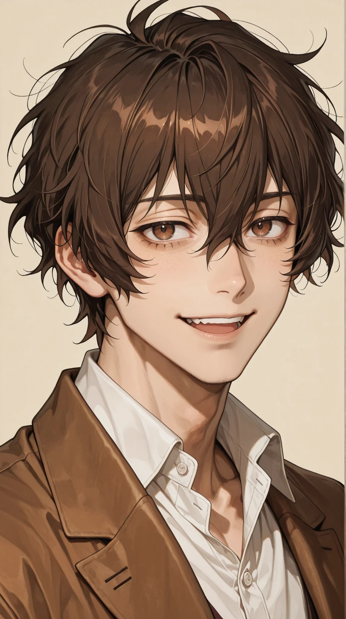 adult male, handsome, tall, Dazai\(bungou stray dogs\), 1boy, brown jacket, brown eyes, collared shirt,short messy hair, looking at viewer, male focus, open mouth, beige background, brown hair, simple background, smile, solo, upper body,white shirt, ultra-detailed, intricate details,masterpiece, best quality, amazing quality, hyper-detailed, newest, very aesthetic 