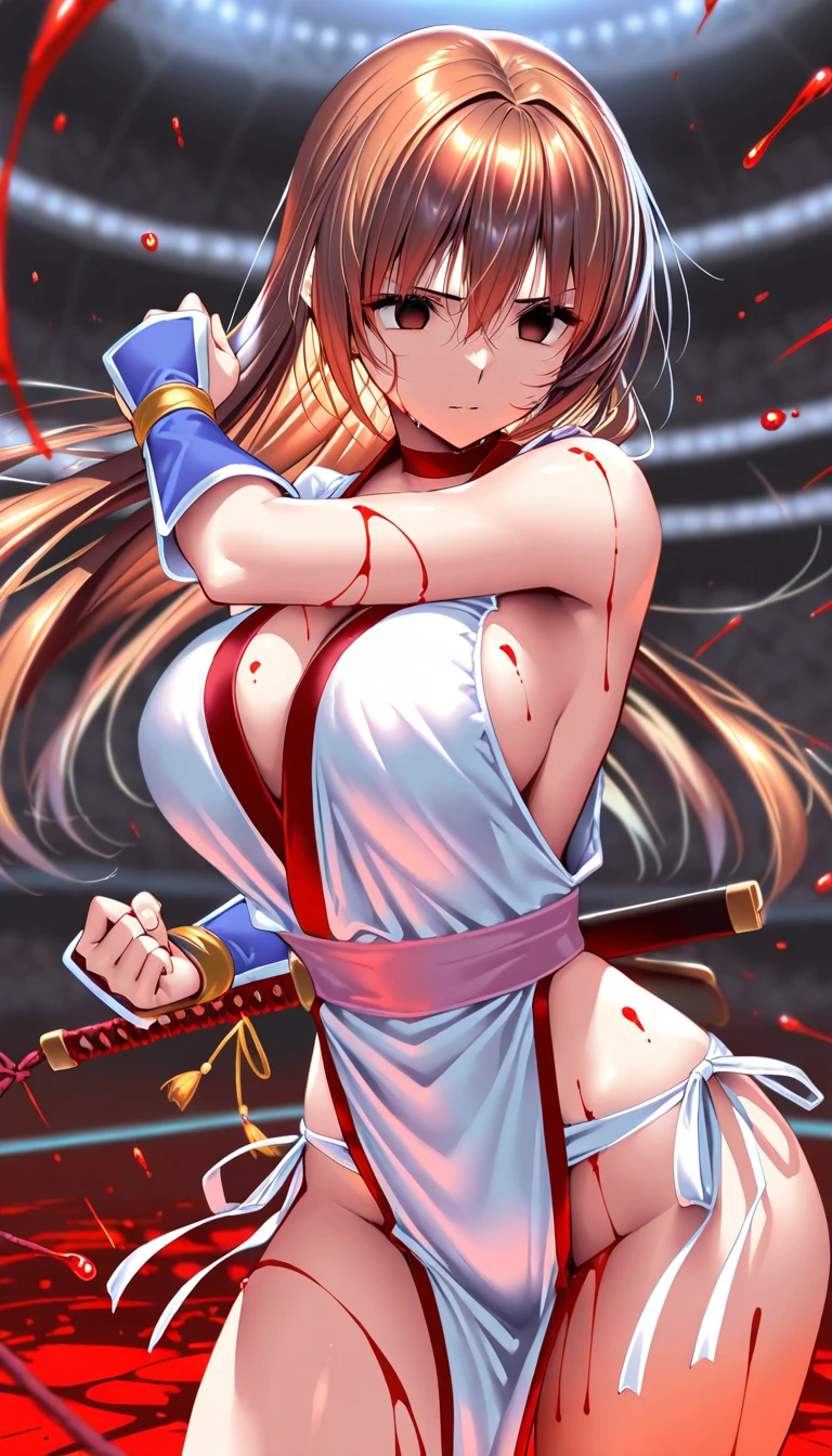 (masterpiece, best quality:1.2), expressive eyes, perfect face, highres, 1girl, solo, ryu \(sf\), (female:1.5), black hair, long hair, dougi, fingerless gloves, headband, no pants, squatting, portrait, looking at the viewer, panties