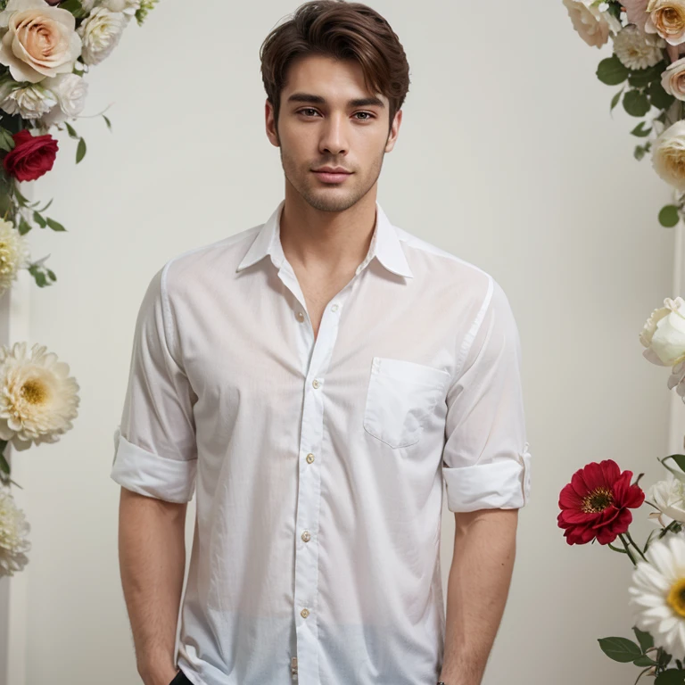 Jamie dornan, a man with a white shirt and flowers in her hair and a necklace on her neck and chest, standing in a field of flowers
