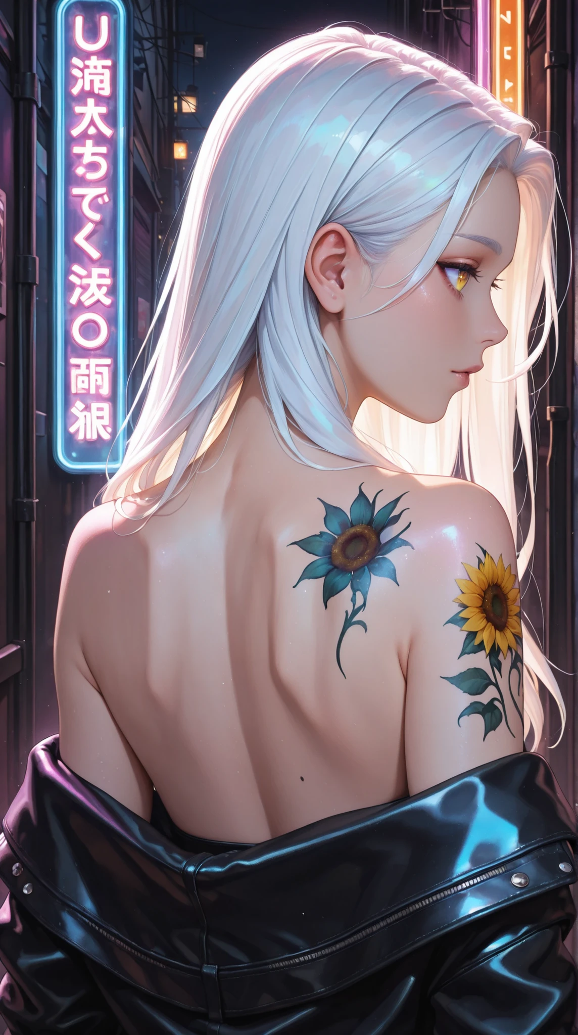 A close-up, vibrant portrait of a woman with long, glowing white hair, highlighted by a neon light effect. Her skin, dark tones with a subtle sheen, a detailed sunflower tattoo on her back, and a stylish leather jacket, emulate the art style of a stylized comic book or graphic novel featuring vibrant color palettes and lighting effects, ultra-detailed, intricate details,masterpiece, best quality, amazing quality, hyper-detailed, newest, very aesthetic
