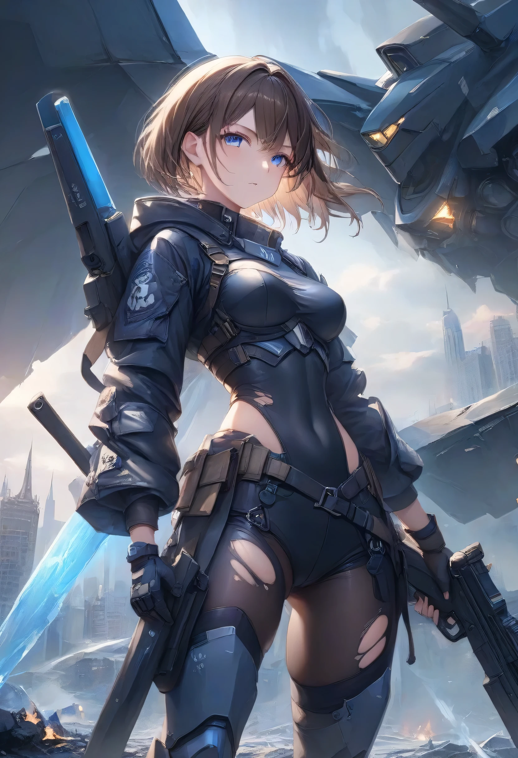 masterpiece, best quality, 1lady, solo, solo focus, (tall body), hispanic, brown hair, short hair, ponytail, blue-green eyes, medium breasts, beautiful detailed eyes, beautiful detailed face, smirk, ((blue cowboy hat)), ((bodysuit, solid blue bodysuit, , long sleeves, gloves, dark blue gloves, matching gloves, boots, combat boots, dark blue boots, matching boots, drop-down pistol holster, knee pads)), ((leotard, dark blue leotard)), (holding weapon, assault rifle), full body, cowboy shot, empty warehouse, danger atmosphere.