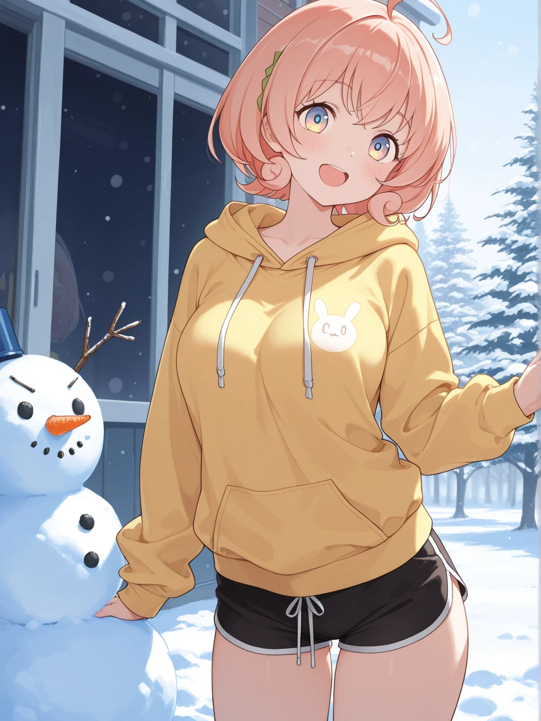 solo, kemono, female, blonde hair, light blue eyes, wear pink bunny hoodie, wear white panties, wear gift on head, left hand grabbing ice cream, blushes, look at camera, smile, sitting in park, park background, night time, snow season
