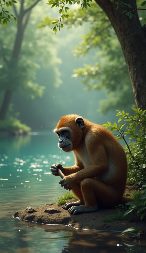 An orangutan resting on banana and some tropical fruits, using the macro photography effect