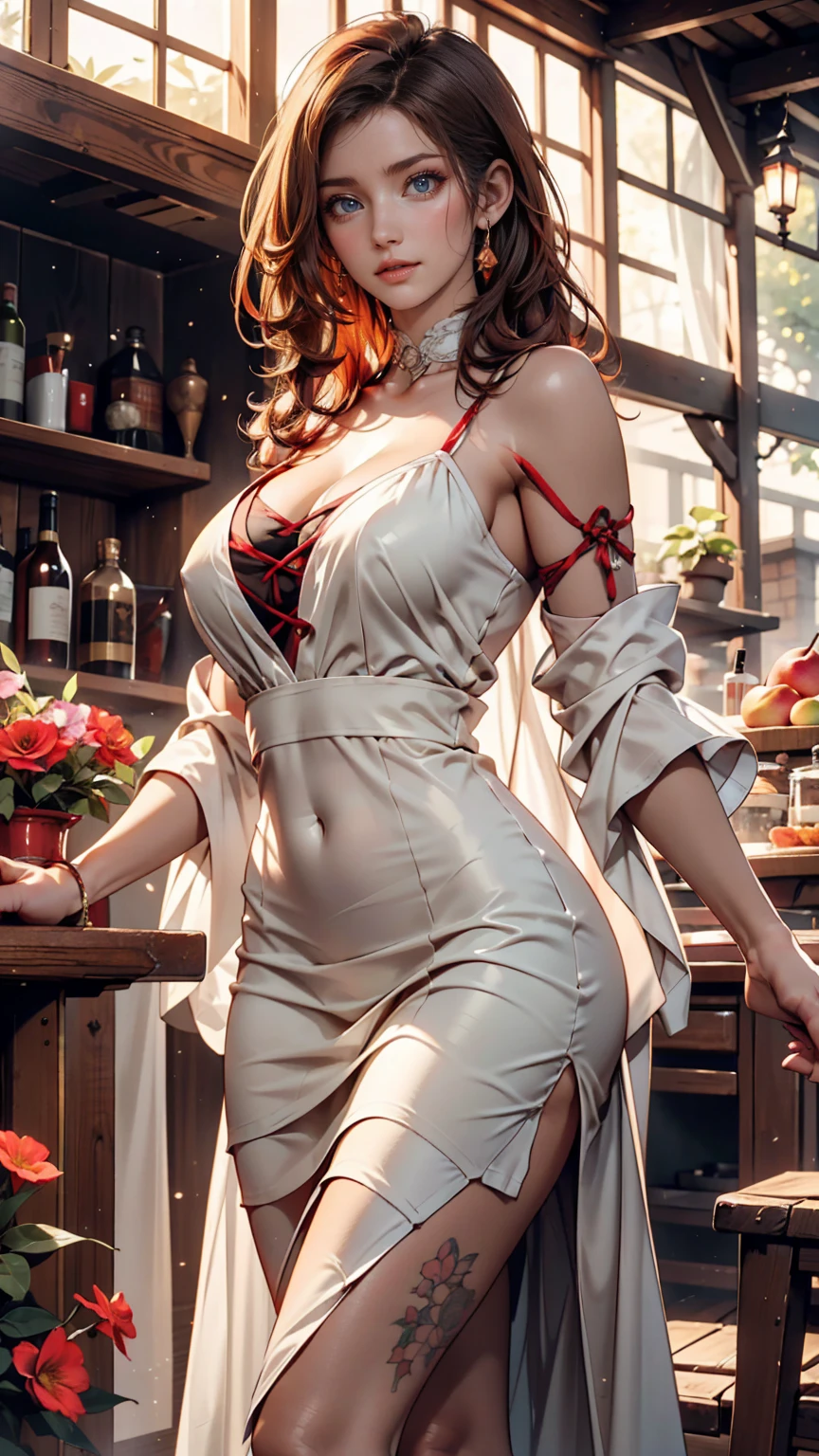 One girl,foot,a girl at building,(((building))), Braided bangs,Braided Ponytail,(alone:1.2),apron,Thick thighs,Side tie panties, Black Hair, ,View your viewers, sunlight,China dress、Deep thigh slit、Exposed thighs、Stiletto heels、Sexy、Sexy proportions、A seductive smile