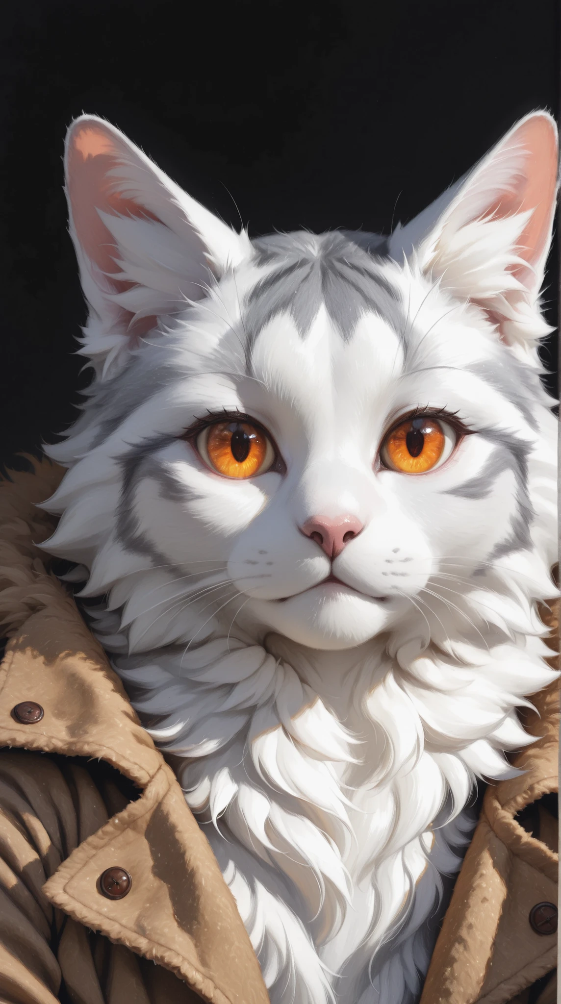 A close-up grayscale illustration of a fluffy cat with large, expressive amber eyes and a soft, textured coat, rendered in a painterly style with a focus on detail and gentle shading; creating an image that looks like a delicate pencil sketch or watercolor painting.