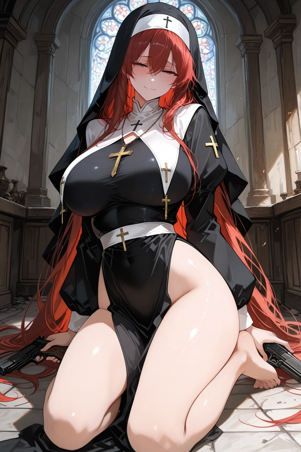1 girl, best quality, masterpiece, church, stained glass, red hair, green eyes, half up lace rose hair, black latex nun outfit, skimpy nun dress, lewd, nun lingerie, extremely glossy latex(2.0), tight outfit(2.0), big breasts, big thighs, big butt, hourglass figure, kneeling, looking up, praying, pillar of light shining down, coated in cum, cum everywhere, viscous white cum dripping