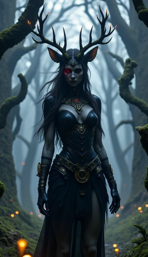 Beautiful African demon woman, The monster is hiding, his presence is hinted at by ripples on the surface of the water, Bright White Hair, dark flesh, bright blue eyes, Shamanic clothing of dark canvas with gilding, tattoos, Neorealismfractal art, Tribal aesthetic, dark times, The impromptu autopsy was performed under suboptimal lighting conditions.., Photorealistic, Best quality, masterpiece, detailed, complex part