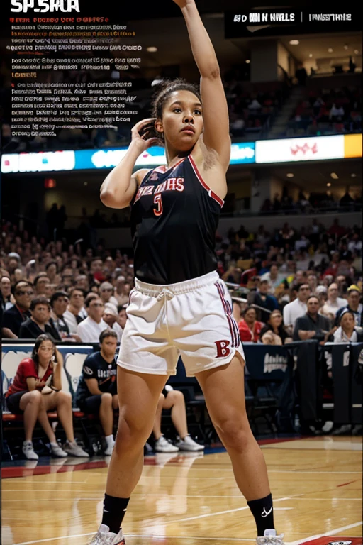Beautiful brown skin woman, she has brunette layered short hair, she is wearing basketball jersey, she is a basketball player, thick thighs, big butt