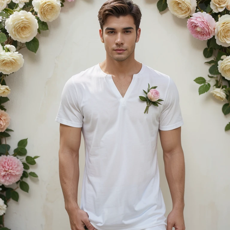 1 male handsome, Japanese male model, high resolution 8k, adult, 2 man, perfect face, detailed face, muscular, black eyebrows, black eyelashes, Naked torso, Detailed face, perfect face, real skin texture, detail Perfect hand, details, Real and complete hand details, unreal engine, hd picture, short hair, green eyes, eye details, white skin, hold flowers