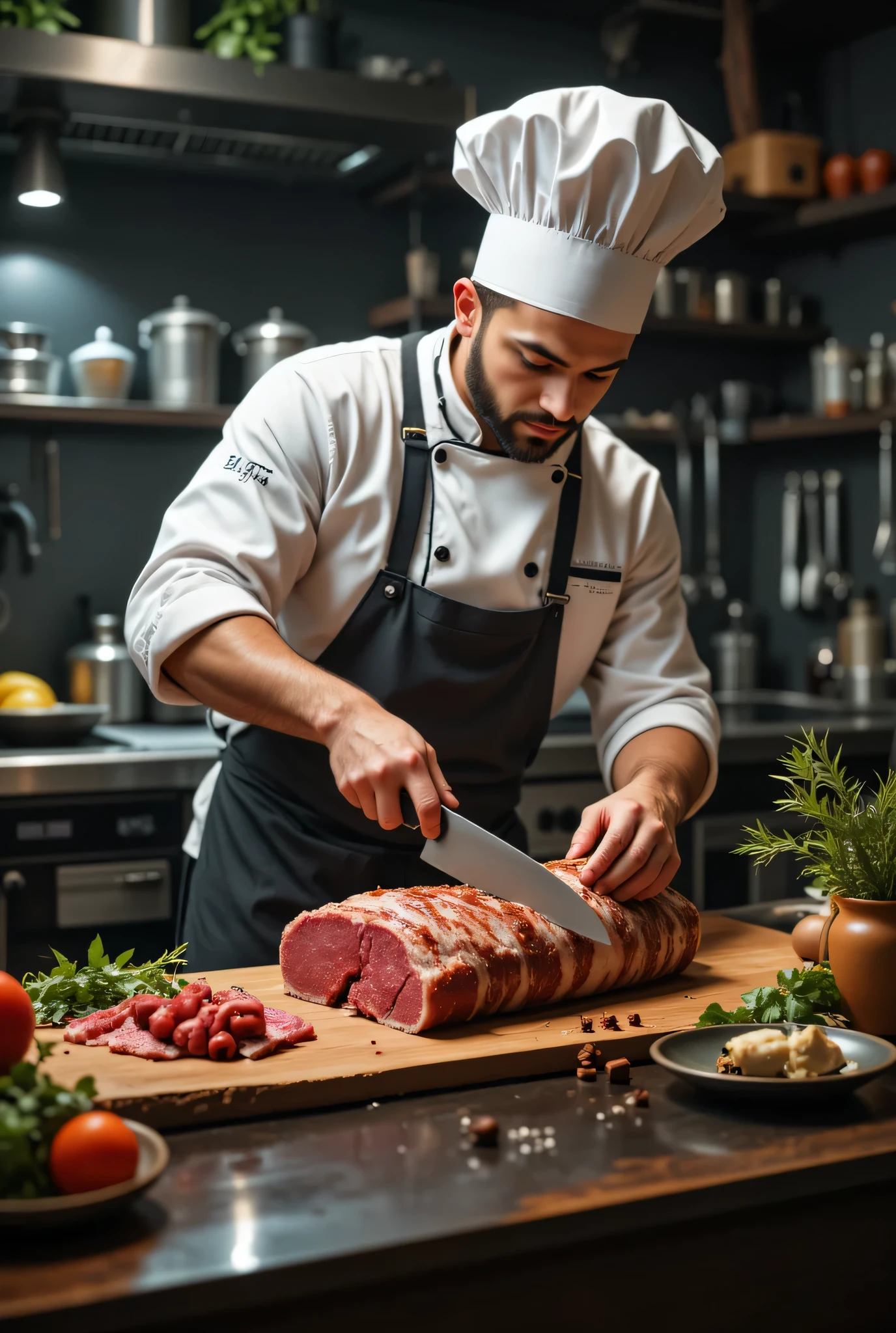 Description: Create an ultra realistic 8K image depicting a chef Renowned for cutting high-quality meat. The scene must convey professionalism and passion for cooking, highlighting the texture and authentic color of the meat.
Key elements:
chef: A chef with an impeccable uniform, using a high-quality knife, with a serious and concentrated approach.
meat: A juicy cut of meat, well presented , with details that highlight their freshness and quality.
Around: A modern and elegant kitchen, with high-end kitchen utensils and lighting that highlights the authentic colors of the meat.
details: Add elements such as fresh herbs, spices and a wooden cutting board, to give a gourmet touch.
style: realistic, with vibrant colors and a focus on visual quality.
