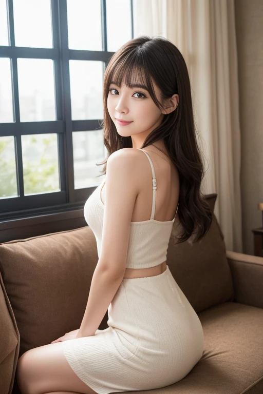 ((highest quality, 8K, masterpiece: 1.3)), 1 girl, Beauty with slender abs: 1.3, (random hairstyle: 1.2), Oversized Tank Top: 1.2, super detailed face, fine eyes, double eyelid, sleep on the bed, armpit, RAW photo, full body, whole body, Whole body visible、Symmetrical face、Well-formed eyes、Beautiful Eyes、Thin eyebrows、smile、Brown Hair、sofaに寝転ぶ、Small breasts、Thin legs、Beautiful legs、Beautiful inner thighs、Translucent blouse、Mini tight skirt、sofa、Japanese、、flat chest、 neat woman, natural beauty、 light makeup 、Thin waist、Plump bust、Small bust、Inner thigh visible、well-shaped legs、Long, slender legs、Ultra mini skirt