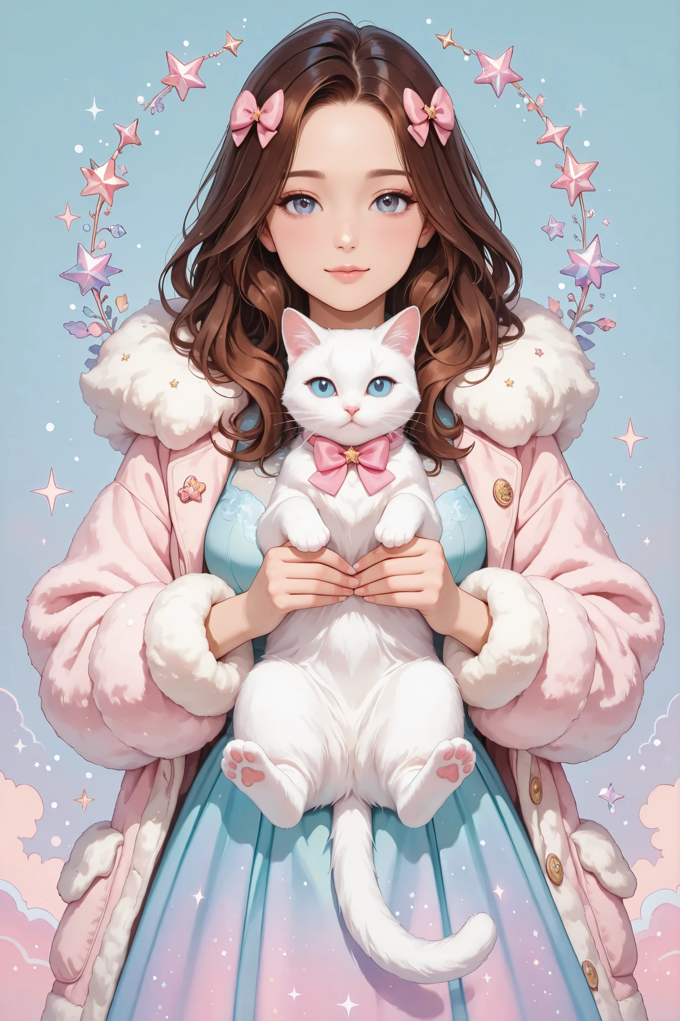 A pin-up style illustration of a woman with long brown hair, wearing a teal dress with faux fur trim and large pink bow, holding a white cat; the style is reminiscent of 1950s pin-up art, with a soft, pastel color palette, and a focus on exaggerated features and curves. The image features a turquoise background with scattered pink star-shaped highlights and fluffy textures, ultra-detailed, intricate details,masterpiece, best quality, amazing quality, hyper-detailed, newest, very aesthetic