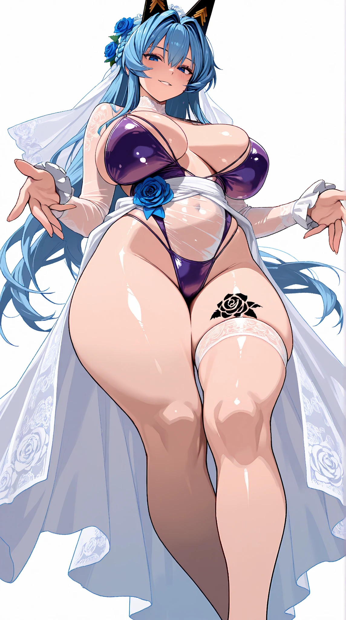 1girl, aaichika, tiara, bridal veil, necklace, cleavage, wedding dress, strapless dress, white dress, white gloves, elbow gloves, from below, skirt lift, white panties and sexy stockings, bare legs,, masterpiece, best quality, highly detailed, mei mei, long hair, very long hair, braid, (hair over one eye:1.5), braided ponytail, one eye covered, braided bangs, (purple eyes:1.1), Purple lipstick on the lips