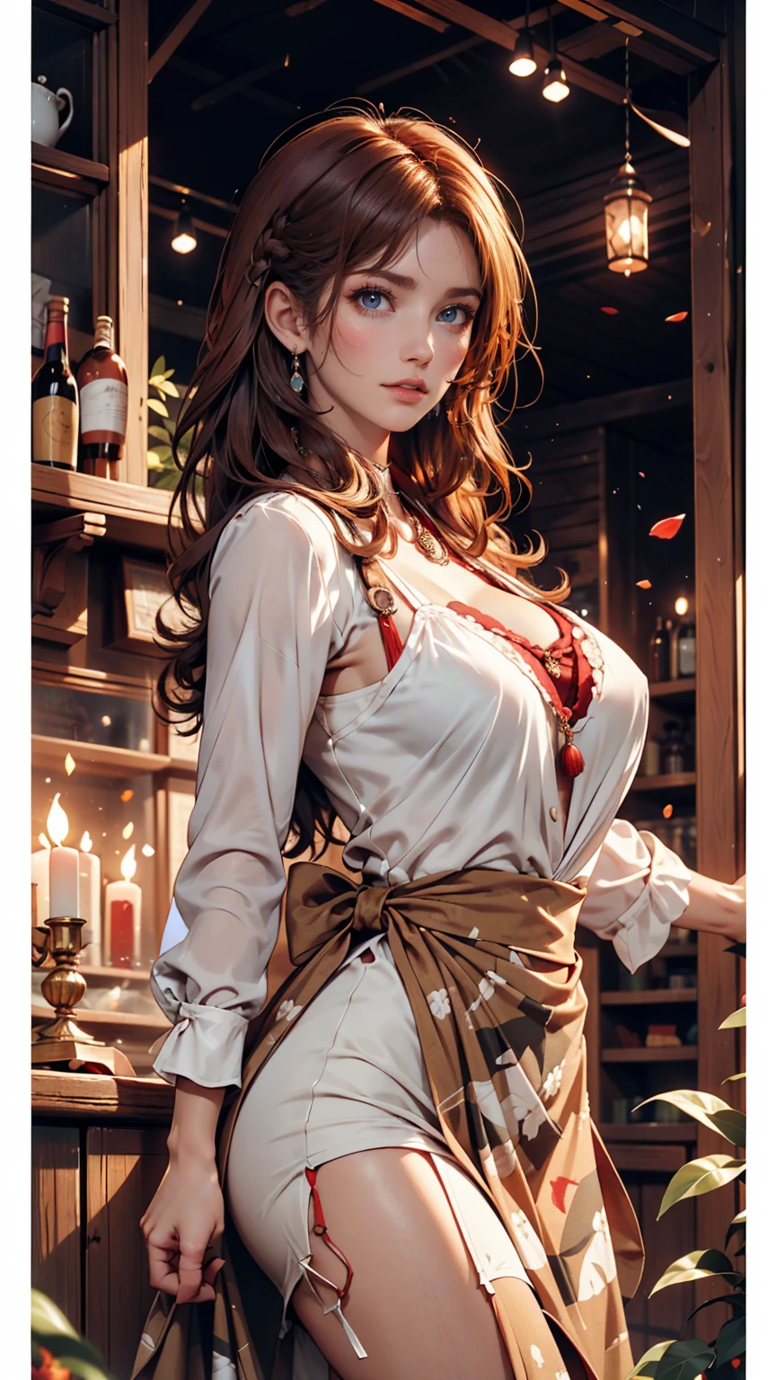 Luma is a gracious person, She is beautiful、Has a strong attitude, Her breasts are voluminous, Feminine pear-shaped silhouette, Auburn Hair, long Auburn Hair, She has expressive eyes, ( Eyes olive green) Her skin turns white、Light freckles on the cheekbones。, Big Breasts, farm, Brown rustic clothing, Bohemian style clothing, farmのボヘミアンファッションの服, Romantic atmosphere, The Light of the Fire, The fire shines, Half of the hair in the flower dress is straight.、Half of the hair has curled ends.。comics、Red lipstick