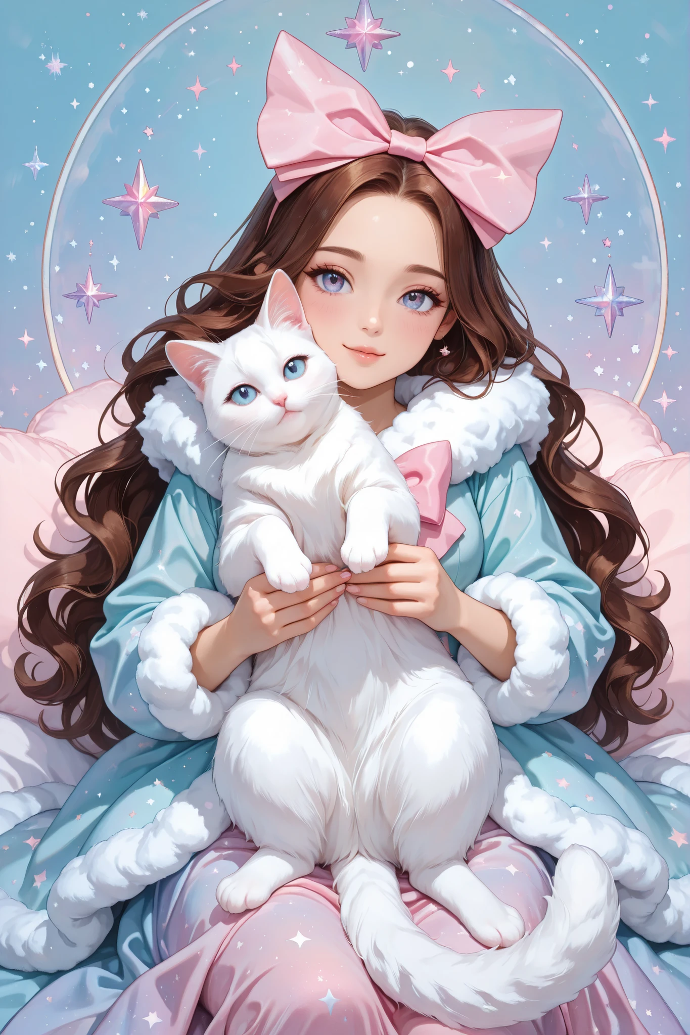 A pin-up style illustration of a woman with long brown hair, wearing a teal dress with faux fur trim and large pink bow, holding a white cat; the style is reminiscent of 1950s pin-up art, with a soft, pastel color palette, and a focus on exaggerated features and curves. The image features a turquoise background with scattered pink star-shaped highlights and fluffy textures, ultra-detailed, intricate details,masterpiece, best quality, amazing quality, hyper-detailed, newest, very aesthetic