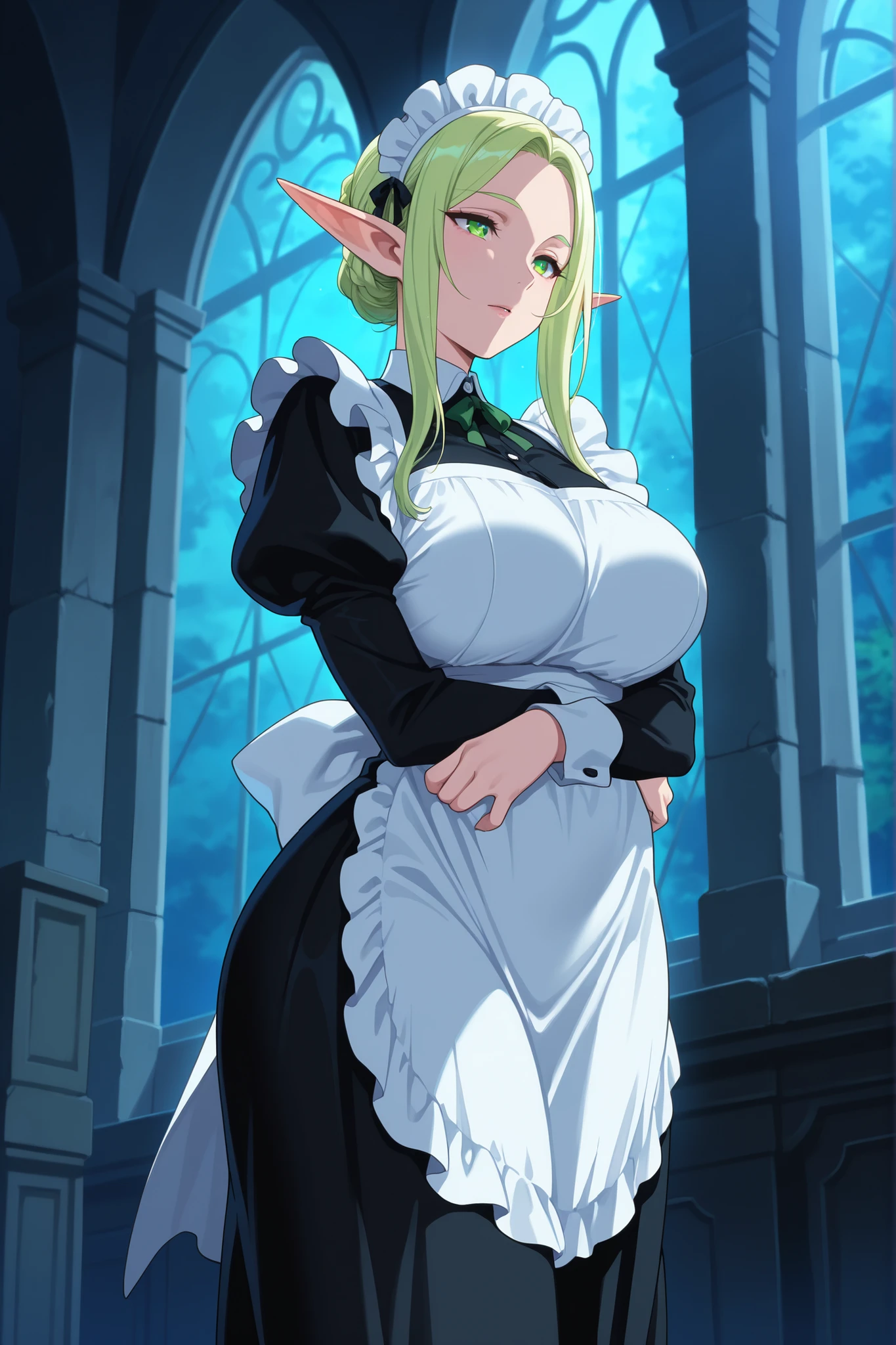 masterpiece,best quality,amazing quality,very aesthetic,newest,anime screencap,1girl,maid,mature female,elf,curvy,highly detailed 8k anime style illustration,cinematic dramatic lighting,beautiful elegant female elf maid with sophisticated facial features,curvy figure in maid uniform,delicate elf-like ears,intricate detailed clothing and accessories,serene atmospheric background with fantasy landscape,glowing magical energy effects,dynamic composition,vibrant colors,photorealistic,studio quality