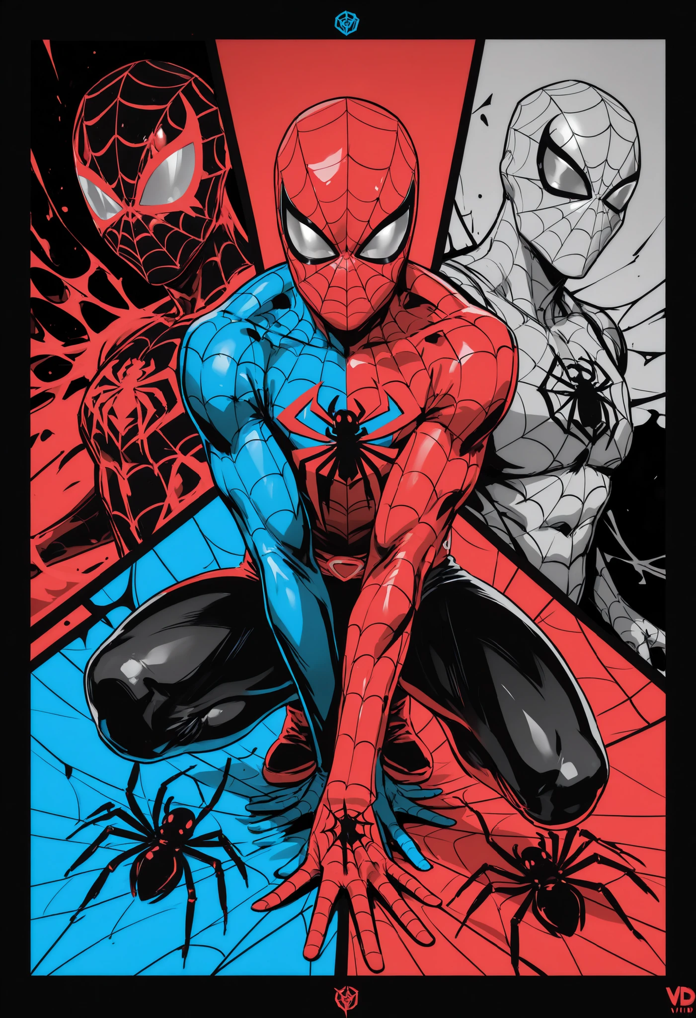 Masterpiece,The best quality,newer,absurdres,highres,monochrome,logo on black background,Red scale,Blue scale,grayscale,vivid colors,spiderman,dynamic pose,red and blue superhero costume,(Photo),super detallado