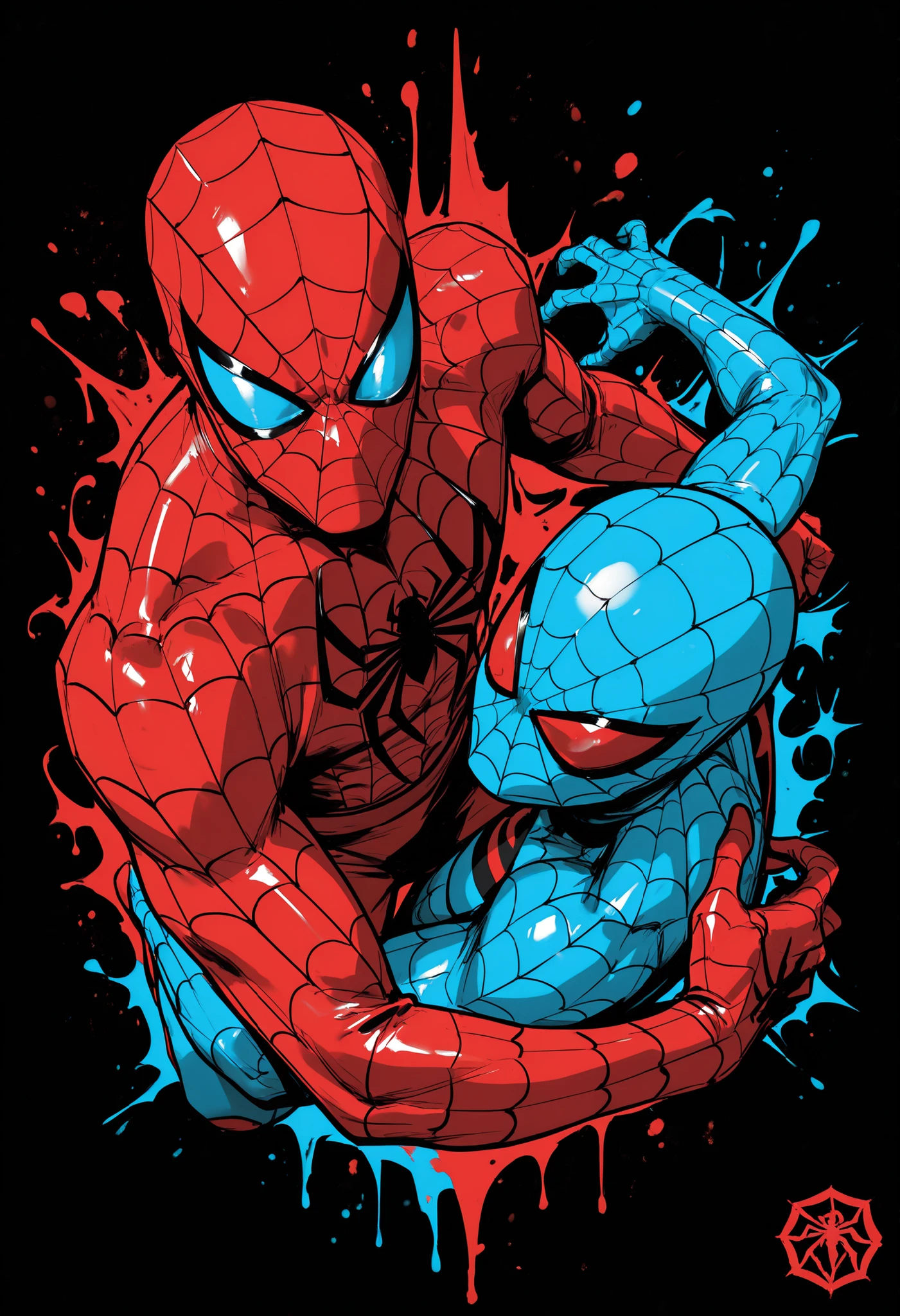 Masterpiece,The best quality,newer,absurdres,highres,monochrome,logo on black background,Red scale,Blue scale,grayscale,vivid colors,spiderman,dynamic pose,red and blue superhero costume,(Photo),super detallado