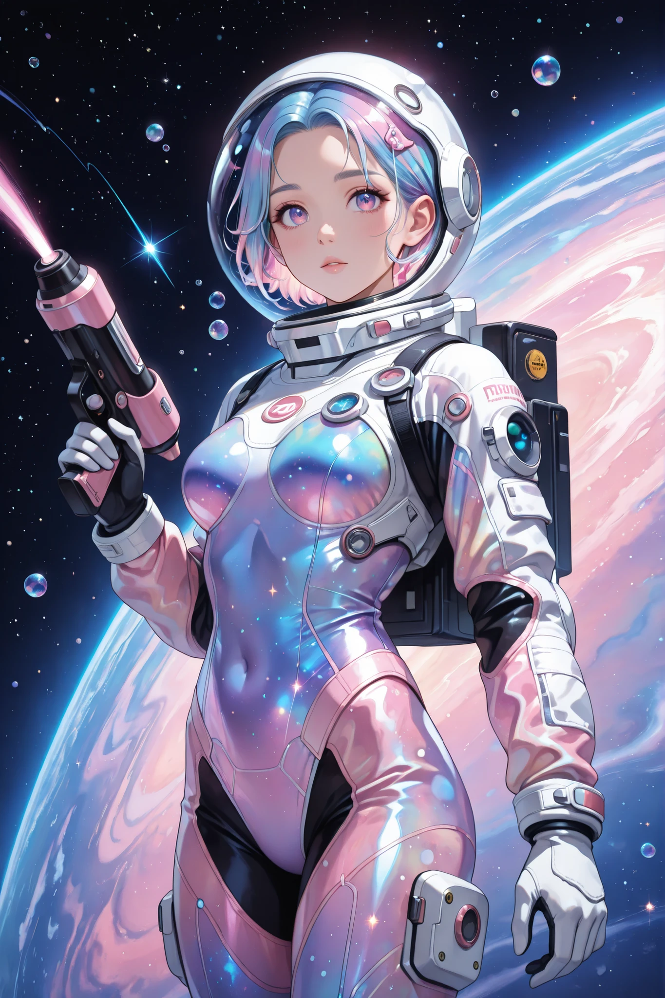 A vibrant, stylized illustration of a pin-up girl astronaut, featuring turquoise hair, a bubble helmet, a form-fitting space suit with a speckled pattern, holding a futuristic blaster; rendered in a retro, pastel-toned style with lush details and a soft, glowing pink backdrop, ultra-detailed, intricate details,masterpiece, best quality, amazing quality, hyper-detailed, newest, very aesthetic