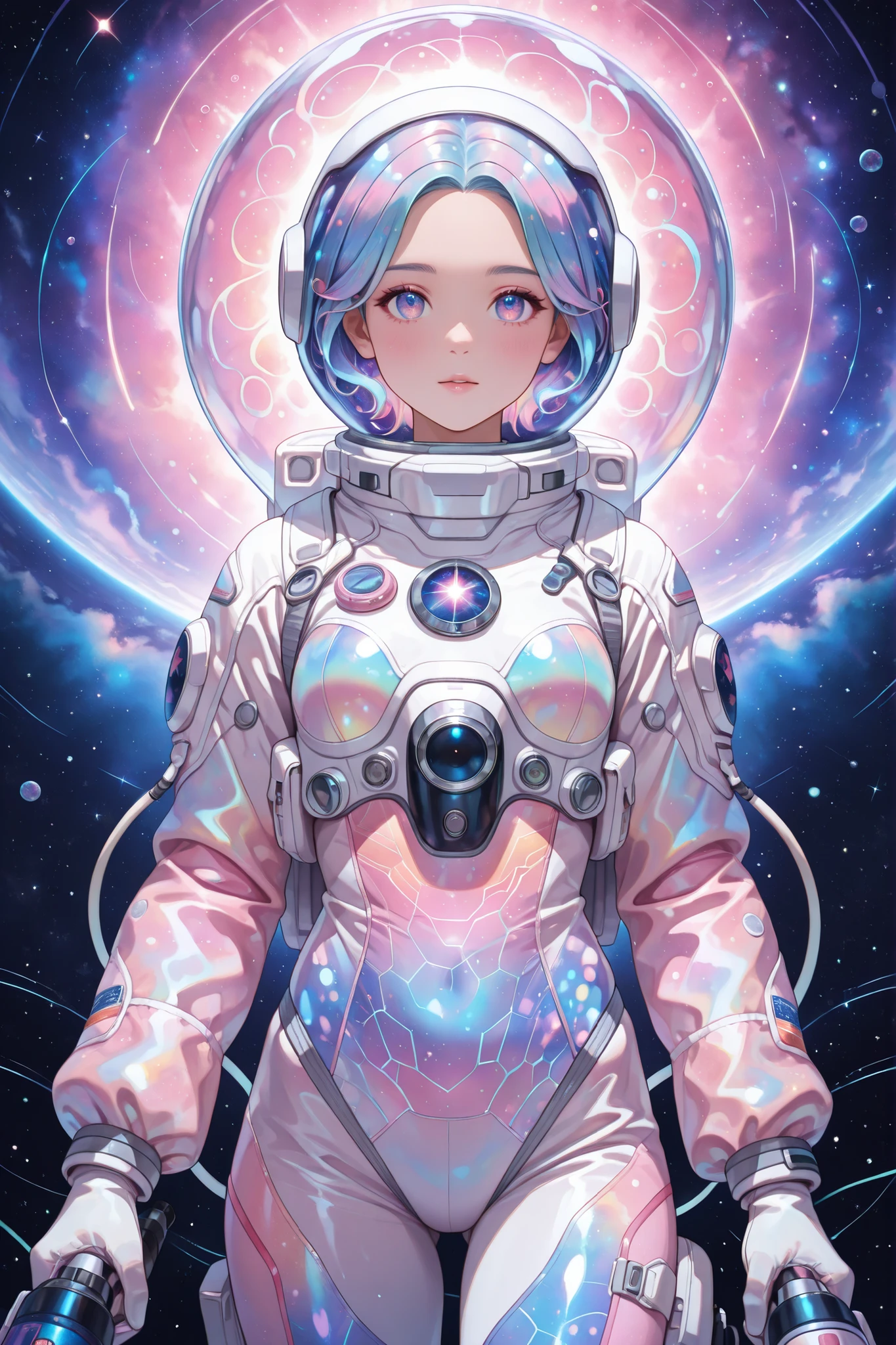 A vibrant, stylized illustration of a pin-up girl astronaut, featuring turquoise hair, a bubble helmet, a form-fitting space suit with a speckled pattern, holding a futuristic blaster; rendered in a retro, pastel-toned style with lush details and a soft, glowing pink backdrop, ultra-detailed, intricate details,masterpiece, best quality, amazing quality, hyper-detailed, newest, very aesthetic 