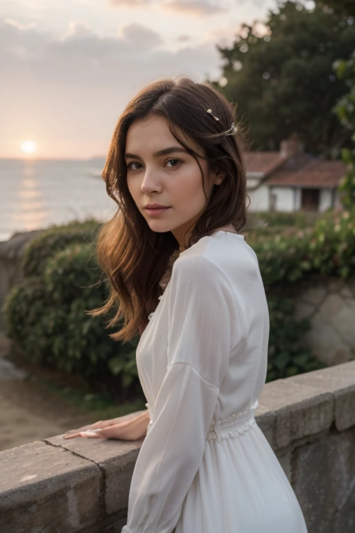 Create a very realistic and beautiful model with the following detailed features: Gender: Female, Age: Young adult (approximately 20-25 years old), Hair: Long, wavy and reddish with a natural shine, gently cascading around the shoulders and back back. . . . . . . . . . . . . . , Eyes: Bright green with a captivating, slightly almond-shaped look, detailed with natural highlights, Skin: Fair complexion with a light texture, including natural freckles on the nose and cheeks, giving a youthful and vibrant appearance: Fair complexion with a light texture, including natural freckles on the nose and cheeks, giving a youthful and lively appearance, Face: with a smooth and natural contour, soft and full lips with a slight pinkish tint and a slightly delicate upturned nose, Expression : a sweet face, with a touch of mischief, which transmits warmth and accessibility,
Clothing: in a white dress and sunglasses, on a horse, wearing a white dress, a white dress, a white dress, a white dress and glasses, a restrained white dress, a silky white dress, white clothes at the fashion, a Girl in a white dress, wears white clothes, Girl in a white dress, smooth white tight dress, wears an elegant outfit, chic haute couture, All white, Background: the model is in accessories, on a horse, on a horse, on a horse Pose: relaxed and confident posture, on a horse, late sunny day, sea view in the background. aesthetic, Unsplash, Neoclassicism, Complex background, Best quality, hyper detailed, Gratty Sita, 64K, Light design