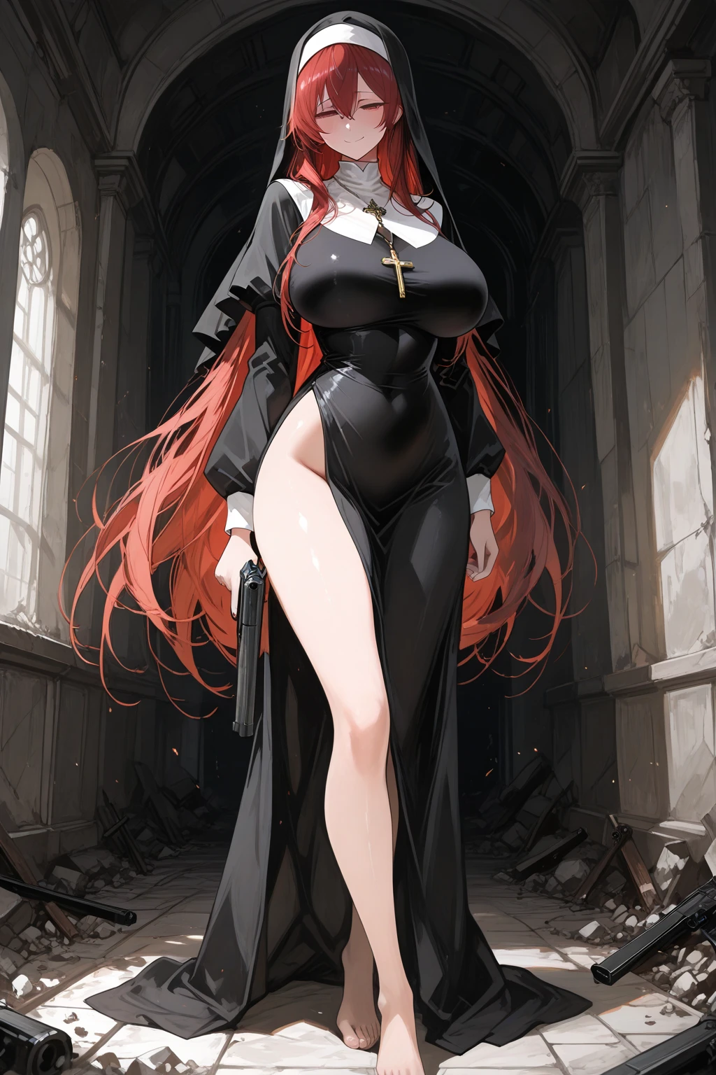 Rosaria - Genshin Impact, cherry hair color, angry woman face, red blood lips, bloody mouth, erotic, sexy girl, sexy nun girl, thick and fat sexy body, black tights, nude big tits, blood, blood rain, blood on the body and clothes