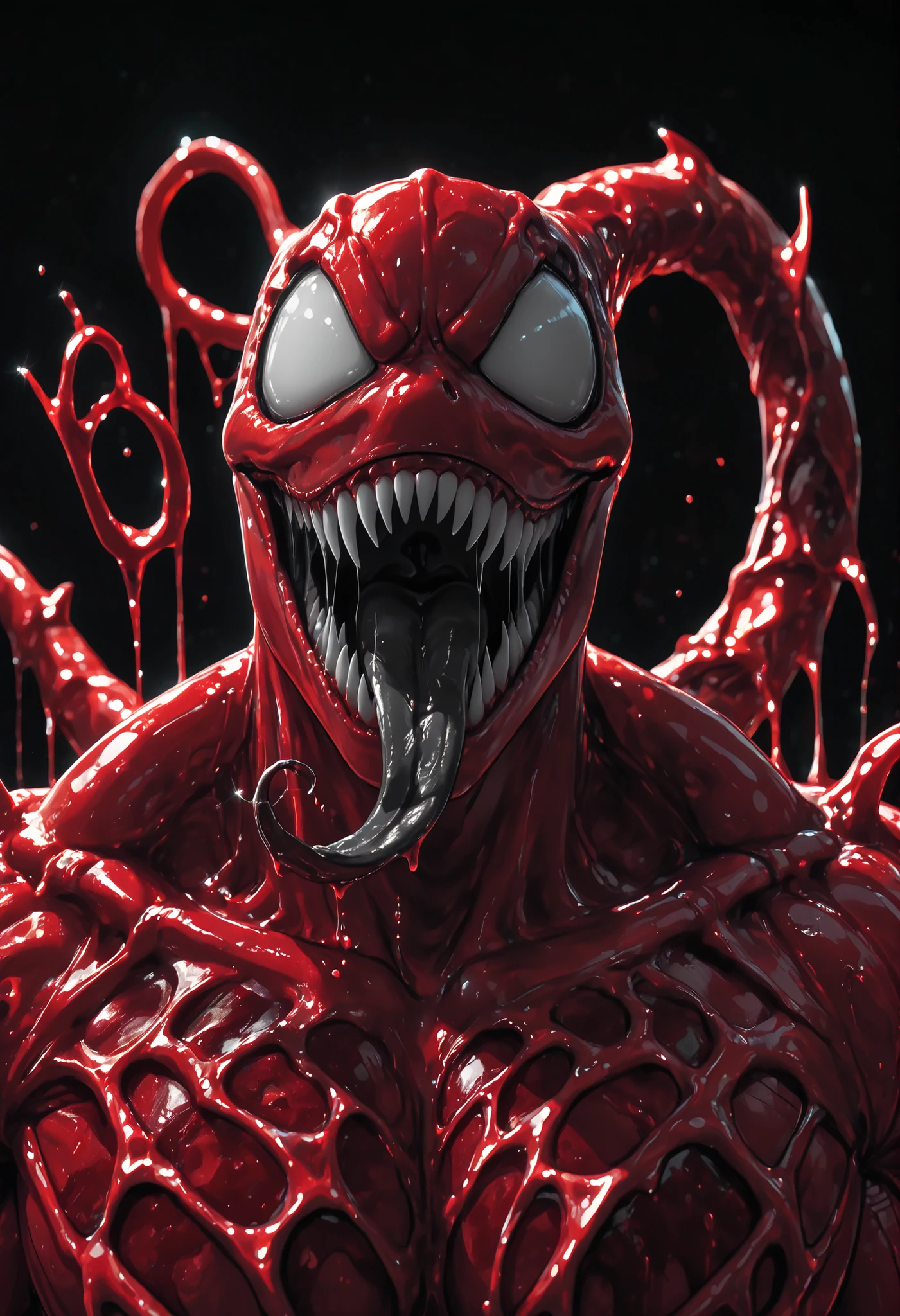 Masterpiece,The best quality,newer,absurdres,highres,monochrome,logo on black background,Red scale,grayscale,vivid colors,Venom,Red Symbiote,macabre smile,Long and salaibous tongue,muscular, Blood Symbiote,Ensima blood,blood manipulation,Echo de Sangre,(photo slideshow),super detallado,3D