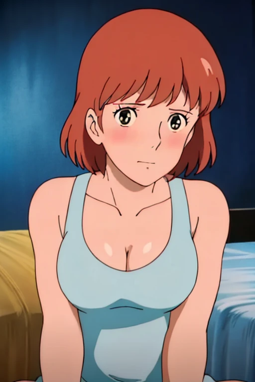 (masterpiece, best quality, high resolution, anime screencap, anime colored, 8k, photorealistic), Nausicaa, 1girl, solo, cute, blush, slim, brown hair, (looking at away, cleavage), upper body, large breasts, (white tanktop), sit, bed, (perfect detailed anatomy, beautiful face&eyes, beautiful skin, perfect body)