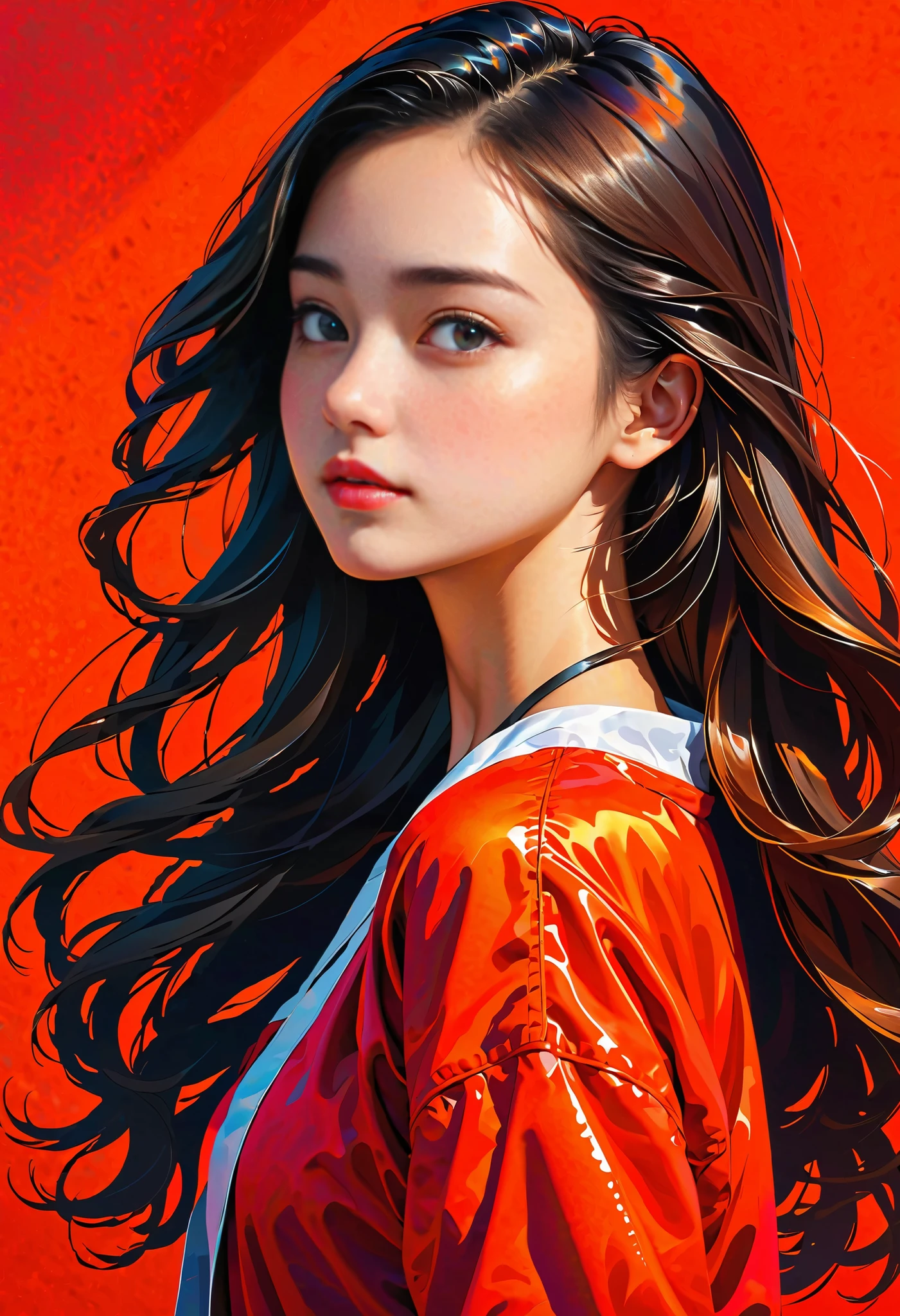 high definition illustration art、masterpiece、 18 year old beautiful woman ,long hair,vivid colors,high contrast,(natural skin texture, hyperrealism, Strong light shines on it, sharp), red background ,Clarify light and dark、 various poses