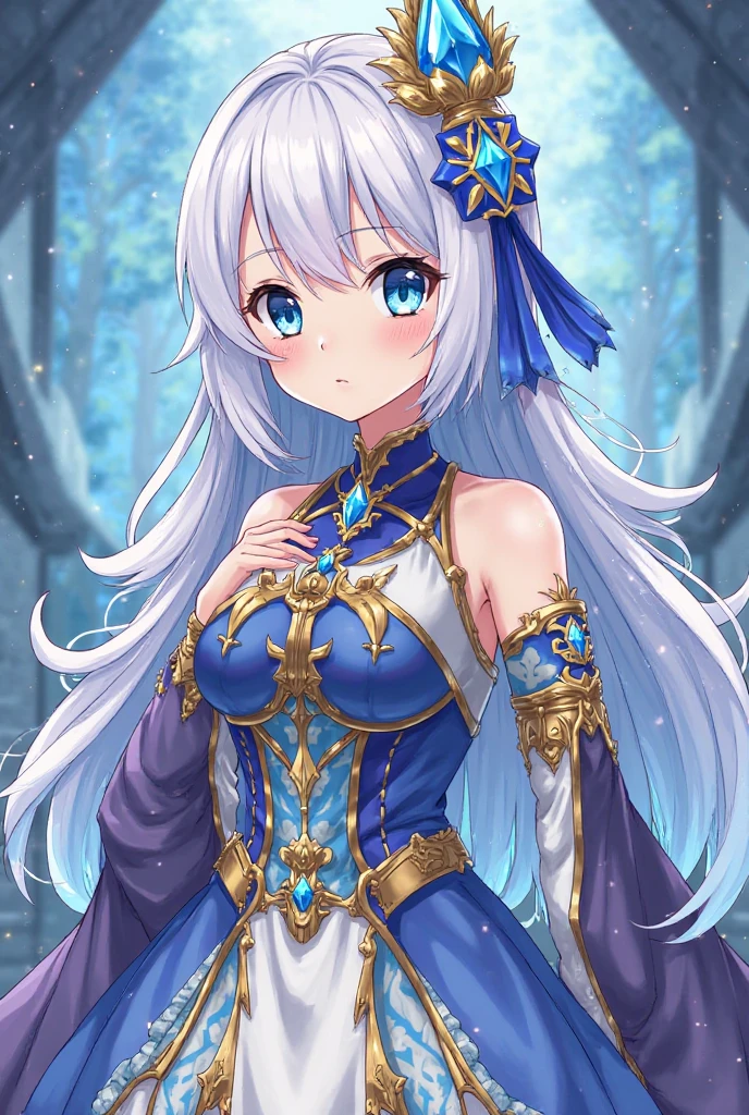 1 girl、Silver Hair、ponytail、Fantasy Clothing、Blue Dancer&#39;s Outfit、Purple decoration、accessories、(Expose、Bigger breasts)、