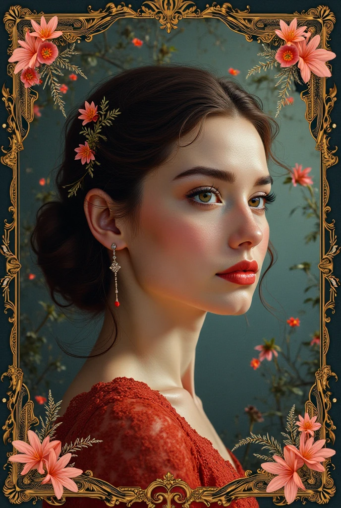 8K, RAW photo, Fuji Film, A beautiful 45 year old woman in style photo, Square face, Red rose around the neck, Wear a black lace dress with red, gold earring, Powerful features like spinning pigeons, (Highly detailed skin: 1.2), Medium brown hair with light, filmgrain, 35mm, Cute style