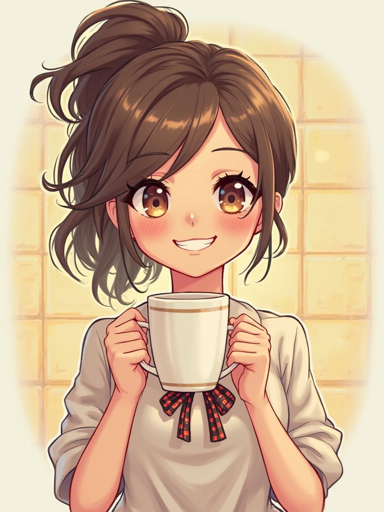 Animated woman with haircut "wolf cut" coffee up to the shoulders, brown eyes and white skin. white image background