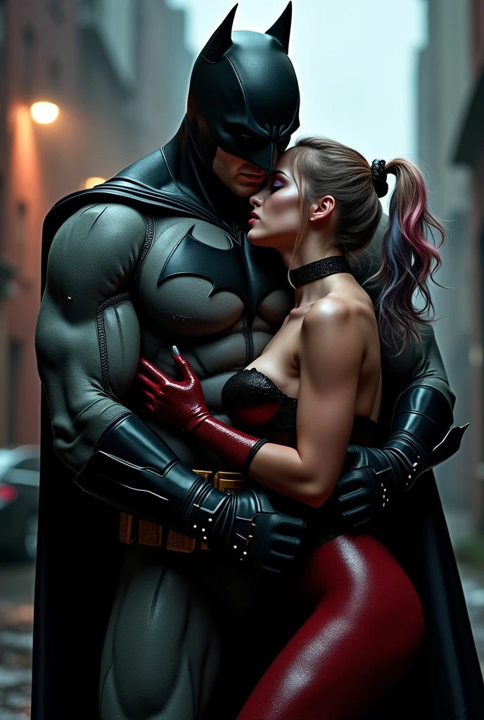 1 boy 1 girl, a muscular man in batman armor and mask, a curvy hourglass woman with wide hips and thick thighs dressed as harley quinn, couple engaged in doggystyle sex, 1 boy and 1 girl, the arkham streets at night, cinematic lighting, hyper detailed, 8k, photorealistic, dramatic lighting, moody atmosphere, gritty and dark, comic book style, rich colors, dynamic pose