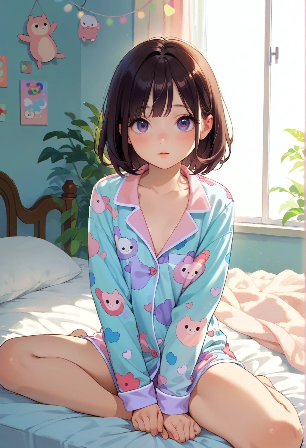 top-quality、masterpiece、1girl in、kawaii、hi-school girl、a tumble、Sit on the ground with your legs open、Kamimei、Staring at me、A look of embarrassment、Pants are visible、Panties with a variety of patterns