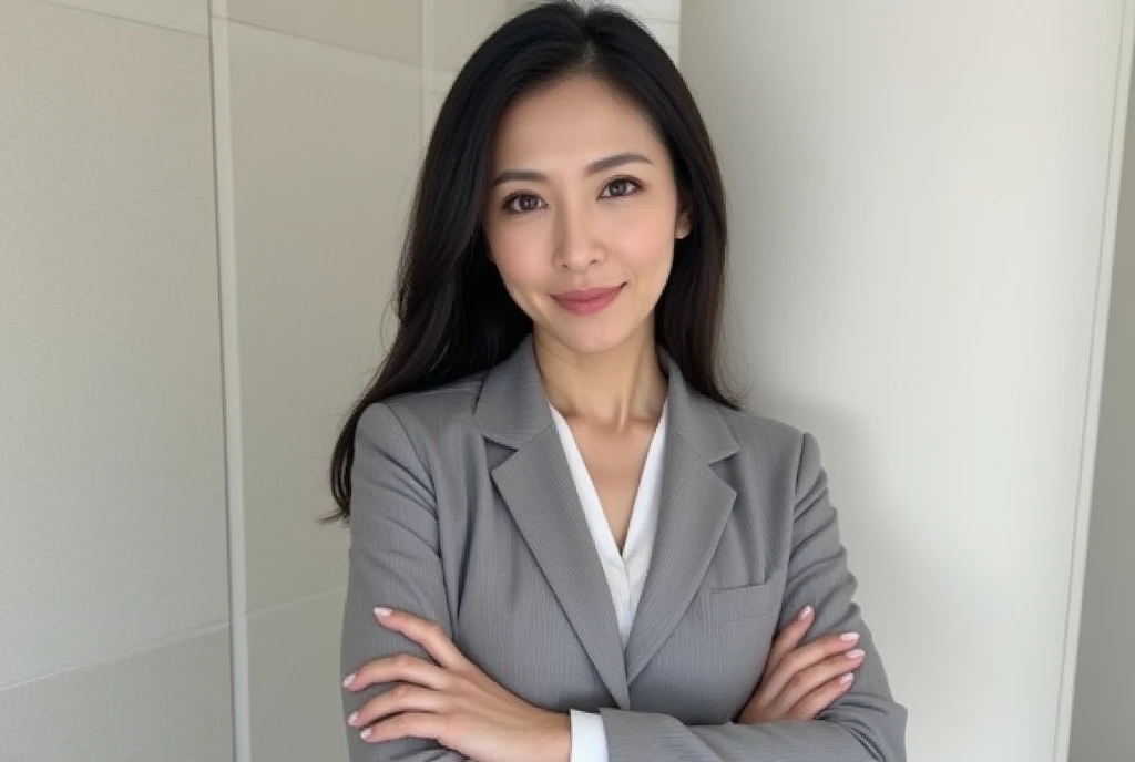 Make the woman wearing a women's navy blue blazer like a lawyer with a black shirt underneath with her arms down