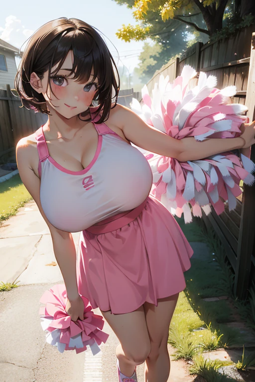an illustration of a girl dressed in a cheerleading outfit poses for the camera in a yard, 1girl, solo, pom pom (cheerleading), cheerleader, pink footwear, brown hair, shoes, pink skirt, realistic, arm up, absurdists, 8K, High resolution, Ultra-detail, Beautiful, masutepiece, Best Quality, Very pretty woman, young, Black hair, (pink revealing dress:1.5), sexly, (Very big breasts:1.5), (Short hair:1.1) Detailed female face, Very attractive,