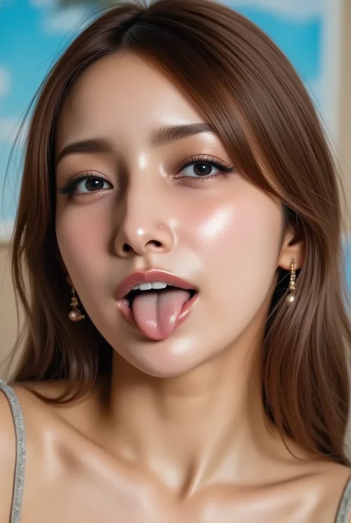 beautiful japanese actress,(photo realistic:1.4), (hyper realistic:1.4), (realistic:1.3),very detailed,Eyelashes High resolution eye depiction, focus the eyes clearly, nose and mouth,face focus, woman with open mouth and closed eyes, Completely naked、35 years old,black haired、symmetrical face,realistic nostrils、angle from below、elongated C-shaped nostrils,,,white background、((sweaty skin))、Lighting that emphasizes the skin shining with sweat、((hook nose))Skin shiny with sweat、((shiny skin))、((wet and shiny tongue))、glamorous body,beautiful breasts,((Life,floor))beautiful breasts,((Dance in ,sexy dress)),