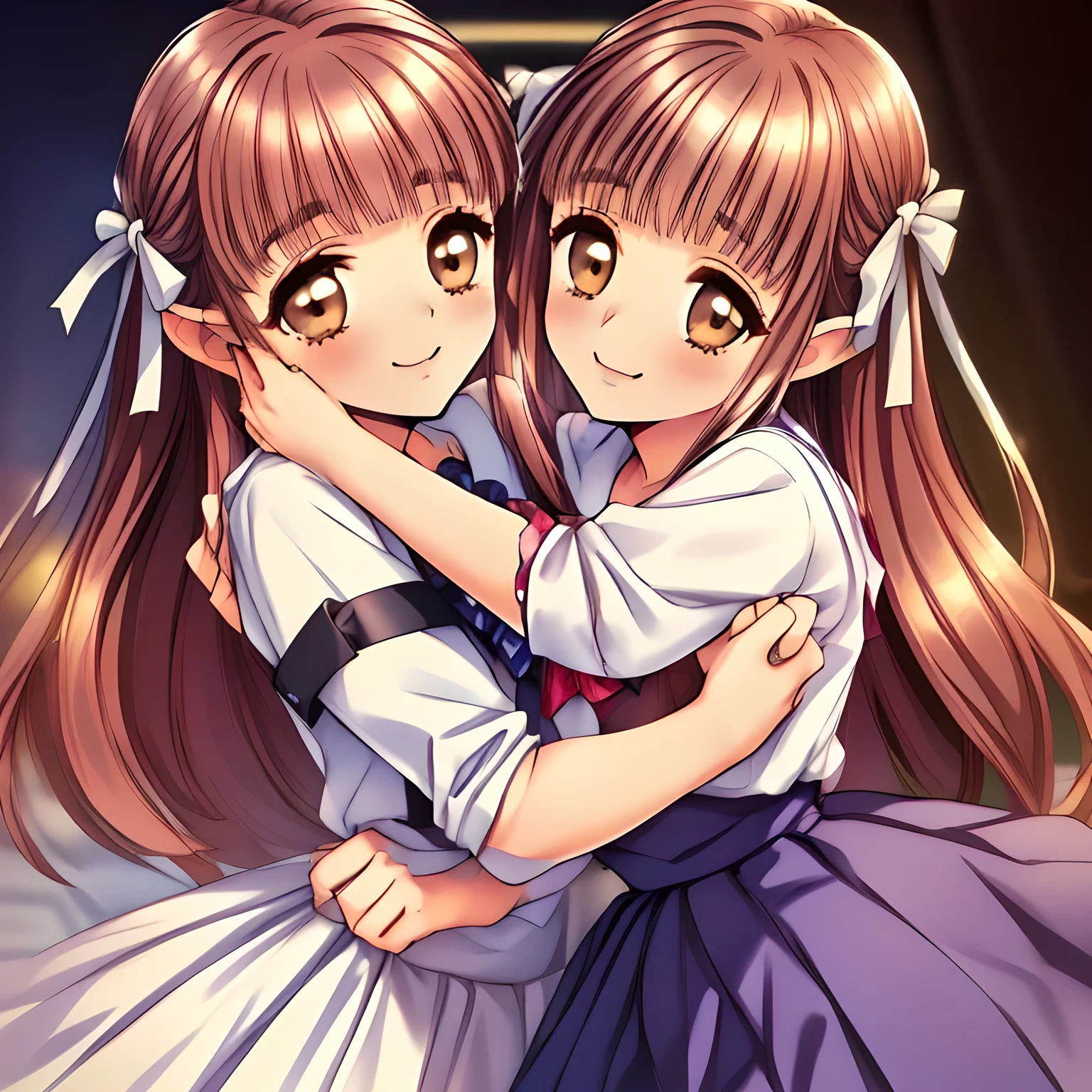 (highest quality, masterpiece:1.2), highest quality, High resolution, 1080p, 8K, ((A twins of (too beautiful) pretty noble slender neat succubus) of ((A pure love-story romantic comic heroines)) are (facing each other closely) and sucking a (a straight expensive noble flute) between them, Forcibly extracting everything from the flute with girls hands squeezing, the flute can't stop putting out the white sticky melody to them, (intelligent and perfectly balanced slender style), neat & clean, lovely strong charm: 1.8), (in a music class room of a school: 1.3), ((white grown small face)), (Using expensive whitening cosmetics by cosmetics artist: 1.2), Glossy lips, (curled) bangs, (Too beautiful blue fascinating shiny (double-lidded) (brown eyes) with love to the viewer, ((deep upper girly eyelid)), ((huge eye pupils)), laughing with detailed clearly: 1.5), (((white blazer school uniform with cute ribbon-tie)), (A very neat, ((realistic), (dark-blue) pleated white school (beautifully checkered) skirt with ribbons): 1.6), (Their Lips are touching the viewer's flute: 1.5), (The girls know well about the viewer's super fetishism for school uniforms and skirt, and satisfies it completely: 1.9), (Everything is organized to have strong effect of hypnosis for the viewer to fall into madness to cuddle with many beautiful girls: 1.8), (Only noble too beautiful girls in the game except the viewer: 1.8)
