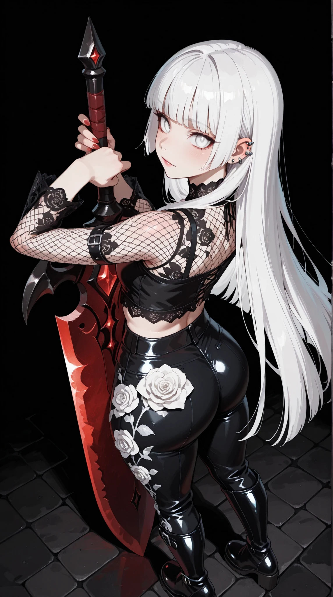 1girl, vampire, standing, segmented blade sword, fair skin, cropped white lace gothic top,  piercings, beautifully detailed white eyes, long thick white hair, hime cut,looking back at viewer, thick thighs, leather mesh gothic white rose print pants, long ornate boots, BREAK (absurdres, highly-detailed, best quality, masterpiece, very aesthetic,:0.3) perspective, dutch angle, from above, black background