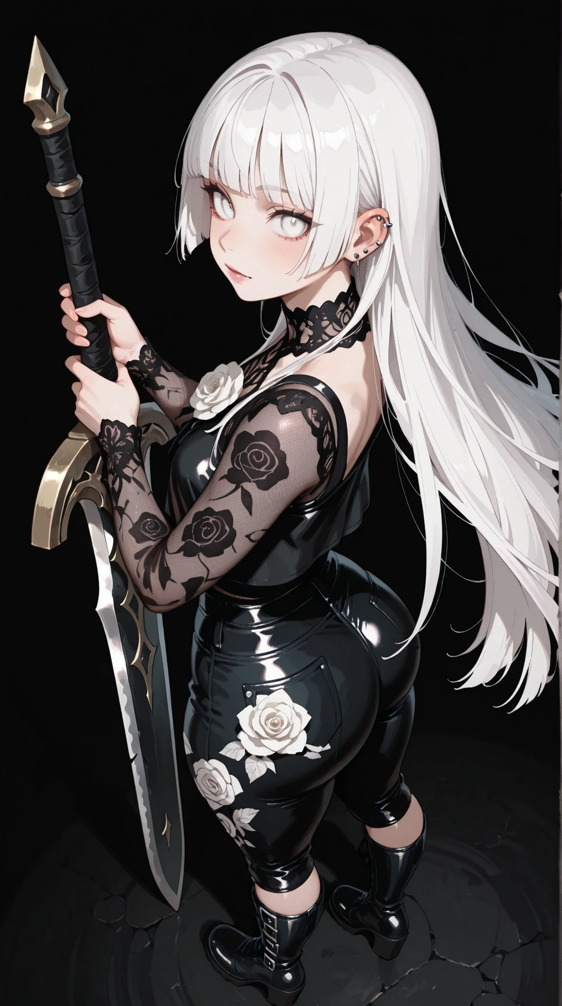 1girl, vampire, standing, segmented blade sword, fair skin, cropped white lace gothic top, piercings, beautifully detailed white eyes, long thick white hair, hime cut,looking back at viewer, thick thighs, leather mesh gothic white rose print pants, long ornate boots, BREAK (absurdres, highly-detailed, best quality, masterpiece, very aesthetic,:0.3) perspective, dutch angle, from above, black background