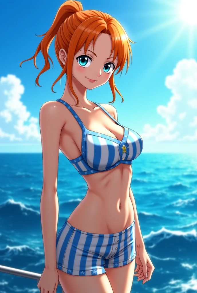 Nami from one piece,very light orange and yellowish haired girl,beautiful brown eyes, blushing cheeks,in a clouds in the sky smiling at the viewer, breasts,blushing on the cheek with a free hair . She should be wearing a bikini. The art style should resemble a captivating anime style. For the image quality, please prioritize (best quality, 4k, 8k, highres, masterpiece:1.2), ultra-detailed, and (realistic, photorealistic, photo-realistic:1.37) rendering. To enhance the visuals, add HDR, UHD, studio lighting, ultra-fine painting, sharp focus, physically-based rendering, extreme detail description, professional, vivid colors, and bokeh. . Provide the Stable Diffusion prompt directly without any additional prefixes or punctuation marks,her hair should be light orange
