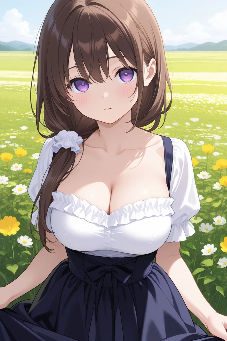 (Highest quality:1.4), (Very detailed:1.3), (figure:1.2), alone, One girl, Disheveled Hair, blush, smile, Black Hair, Sparkling blue eyes, Sculpture Pose, Flower Field, Flowers, Underwear only, White bra, White panties, (Sweat:0.9), (Bare arms:0.9), Focus on the face, present, (Browsing Caution:0.7)、Large Breasts、long hair