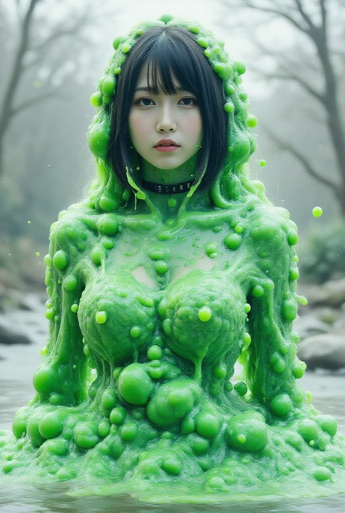 Women, pale white skin, black hair, naked, big breasts, sexy body, lots of green slime coming out of her pussy, full body, Standing, in the living room