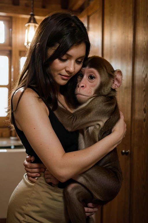 A (((beautiful tween holding a chibi and a monkey in her arms,))) ((Ellen Page)) a, Wearing micro skirt. ((And her get hugs with Lewd chibi groping her in jungle)).(realistic arts), intricate, (chibi craves her carnally), nipslip, puffy nip, milky, ((chibi grabbing breasts))