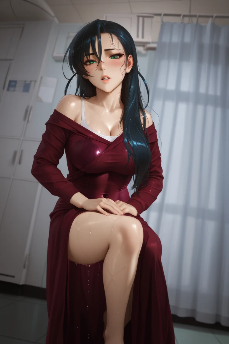 Masterpiece, best quality, beautiful details, perfect focus, uniform 8K wallpaper, 4320p, high resolution, exquisite texture in every detail, Medium shot photograph, looking at the viewer, alone, a woman dressed in a sweater dress, red sweater, off-the-shoulder sweater, red sweater, shorts hair, bangs, black hair, side locks, indoors, off the shoulder, white headband, earrings, gold earrings, red eyes, blush, blushing, embarrassed:0.8, closed mouth, collarbone, bare shoulders, gigantic , round breastsdown, hands on hips, well drawn and drawn hands:0.8, hidden hands, waist, navel, big thighs, black pantsu, pussy.detailede up, thigh band pantyhose, black pase, 2 feet, well and drawn feet:0.8, no shoes, soles, toes, focus on feet, 5 toes on both feet, well drawn and drawn toes:0.8, sexy, ((((torn clothes:1.2)))(lying in bed)), bedroom background:1.3,yor briar, nsfw,