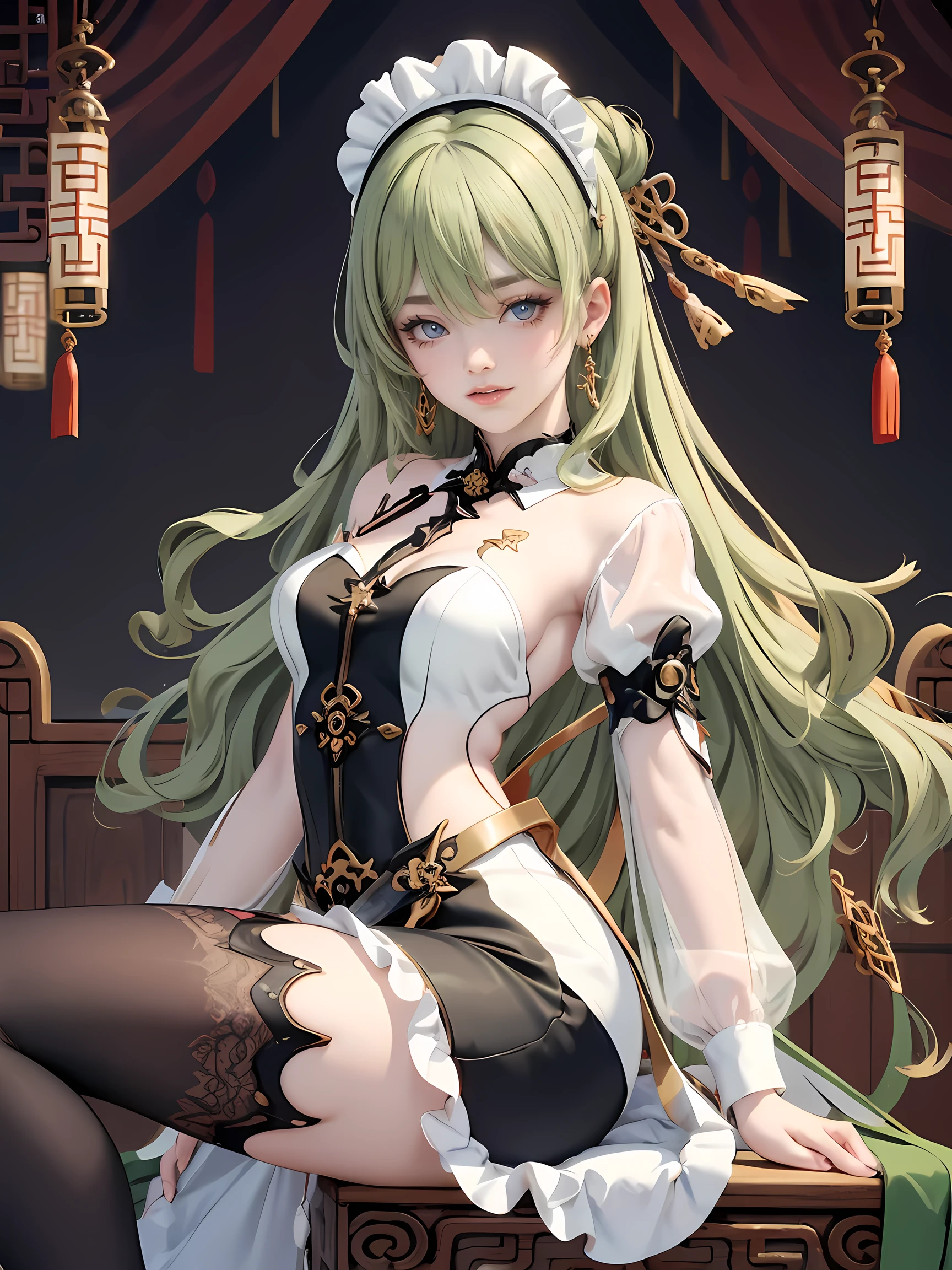 1girl, green hair, harness, black chinese cropped and skirt, chinese maid design, solo, buns hairstyle, symmetrical gloves, high socks, puffed socks, white cropped, harness, chinese maid dress, v neckline, garter on the legs, stand up, white apron, maid dress, chinese maid, chinese aesthetic, thigh gap, tassel, harness, very long hair, solid background, chinese maid uniform, puffed sleeves, too many frills in her dress, magical girl, perfect anatomy, gold jewelry, harness, jewelry, Cute pose, beautiful buns hairstyle, tassel, glow eyes, long hair with buns and bangs, high thigh, frills, harness, chinese maid uniform, chinese maid dress, white apron, garter on the legs, perfect legs, gold jewelry, solid background, stand up, blushing, maid headdress, chinese maid dress with too many frills, Chinese aesthetic, white skirt, puffed skirt, harness, centered girls, perfectly body, glowing hair, magical girl, more details on her clothes, luxury dress, tassel