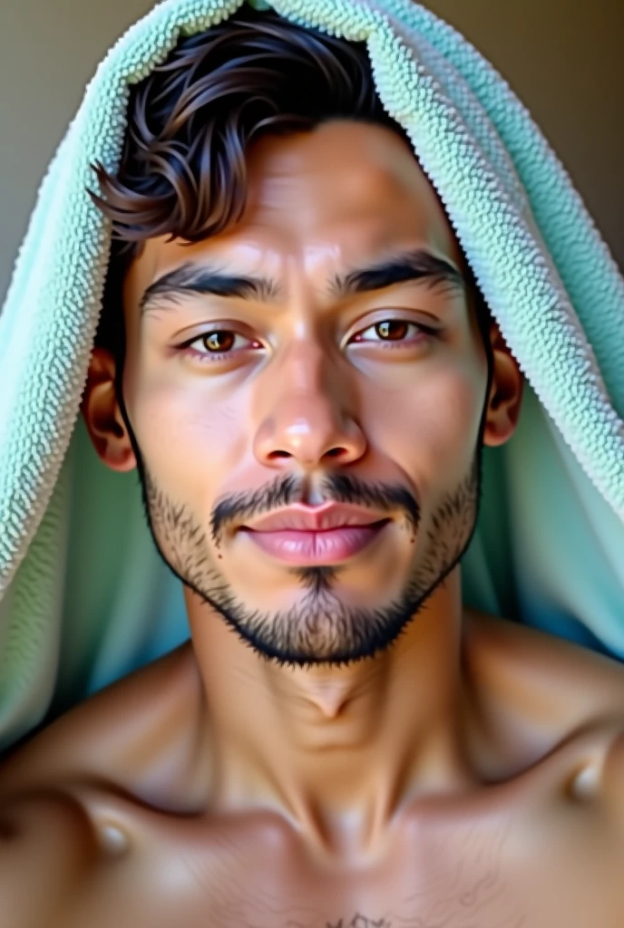 man of 40 years old, low beard, with a pink towel wrapped around his head